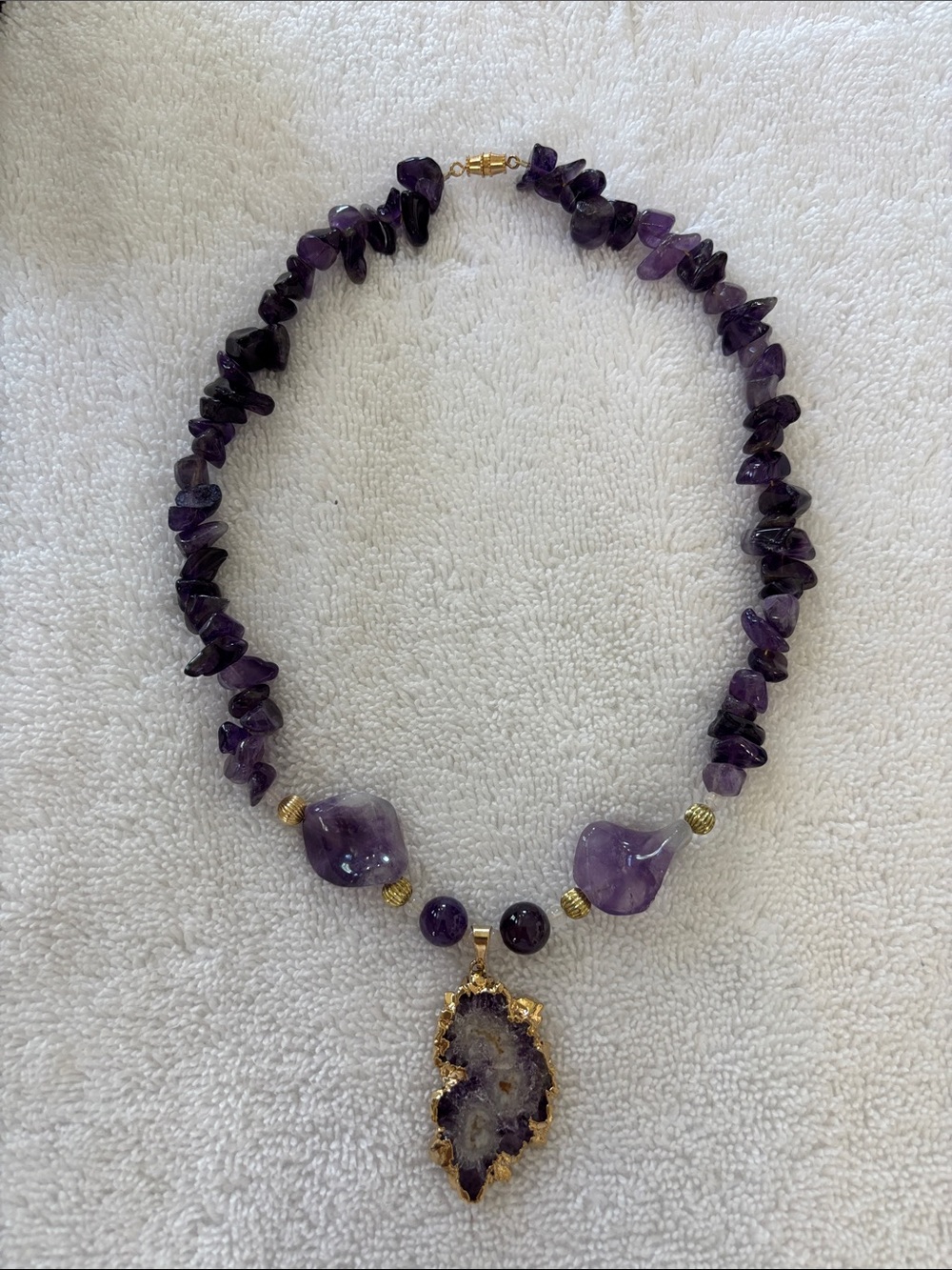 Amethyst Chip Necklace with Geode Amethyst 24 K plating on pendant.